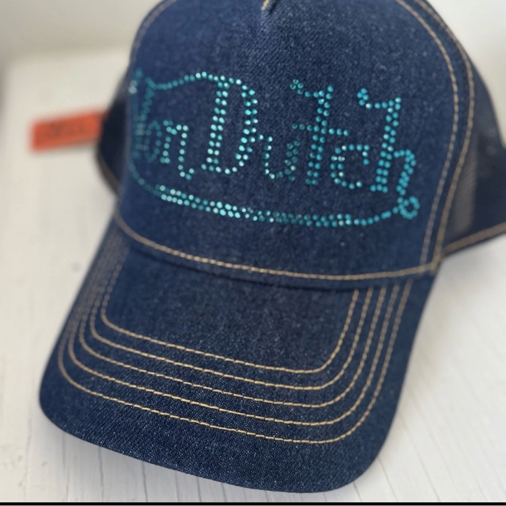 NWT Von Dutch Navy Rhinestone Logo Denim Trucker - Blue Rhinestones Adjustable